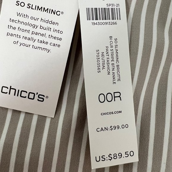 Chicos Womens So Slimming Brigitte Striped Button Ankle Pants Tan Neutral size 2 - Picture 3 of 15